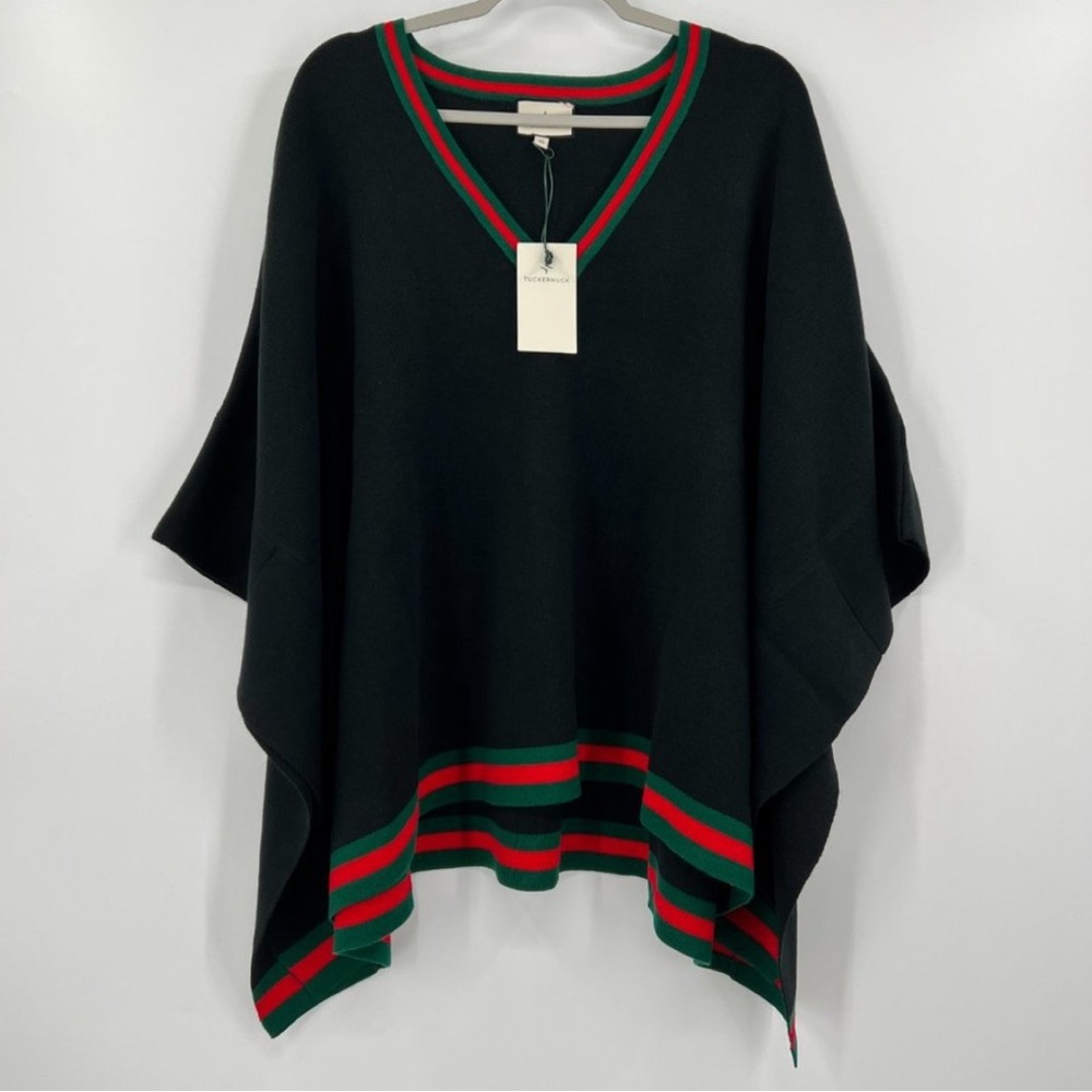 Tuckernuck Women's Camden V-Neck Soft Sweater Poncho Black/Red/Green OS NWT